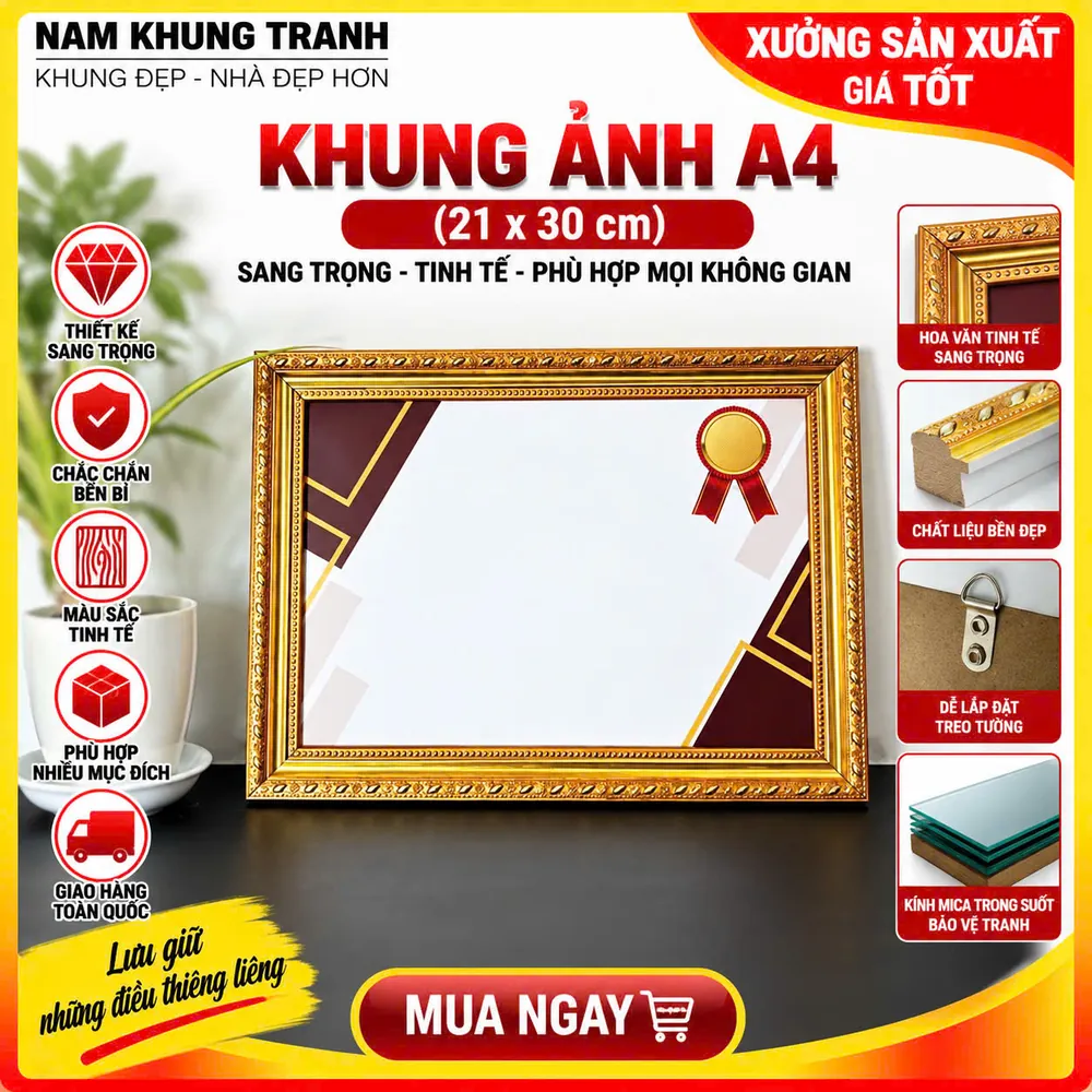Khung ảnh A4 21x30cm màu vàng - Nam Khung Tranh