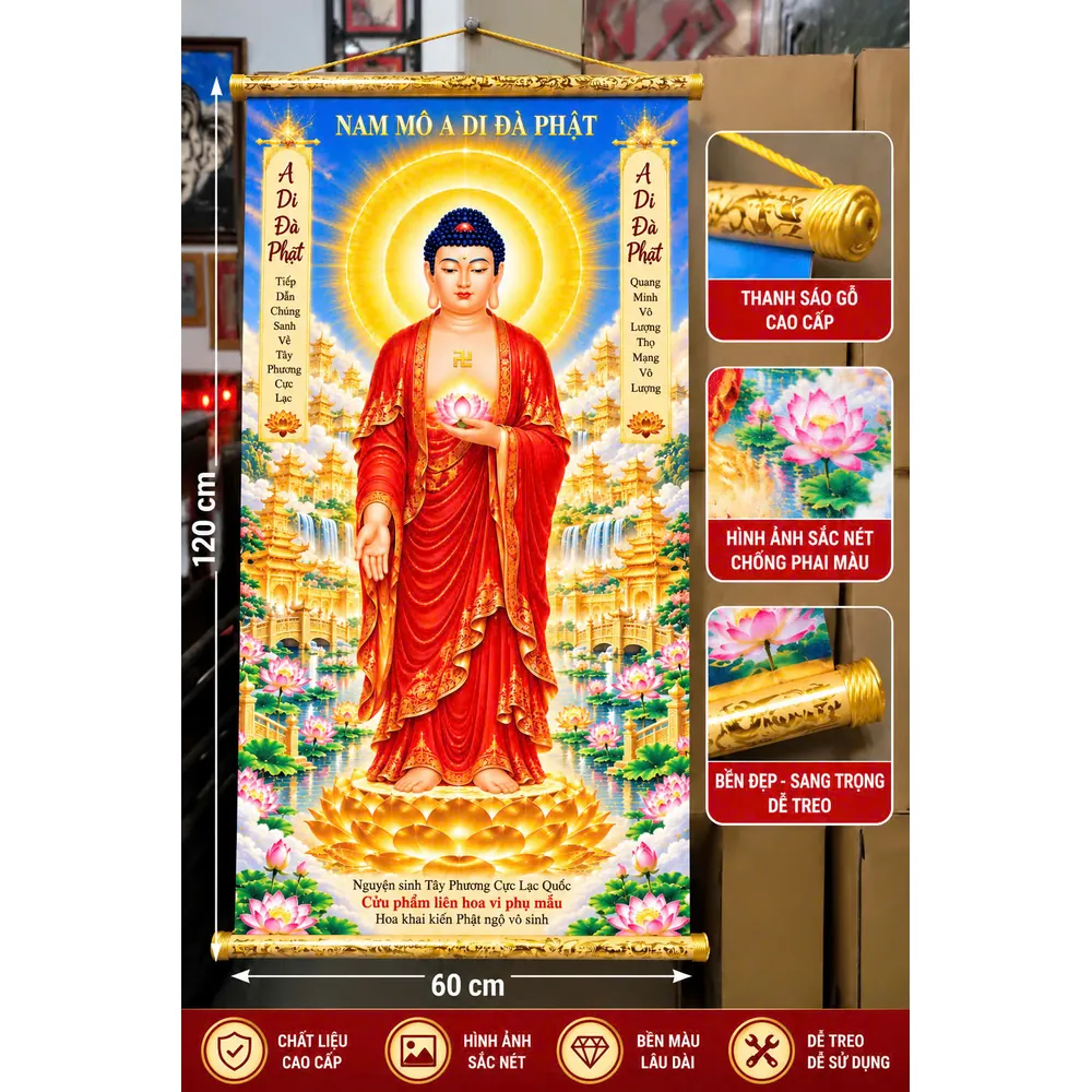 Tranh Phật A Di Đà áo đỏ 60x120cm - Nam Khung Tranh